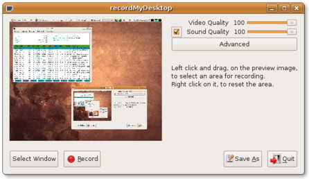Základní okno nastavení recordMyDesktop