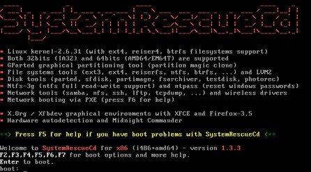 Uvítací obrazovka SystemRescueCd