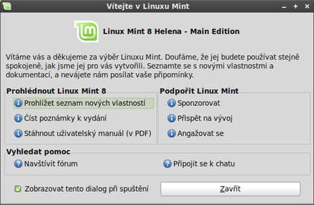 Uvítací obrazovka v Linux Mintu