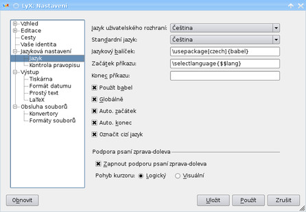 Nastavení češtiny v programu LyX