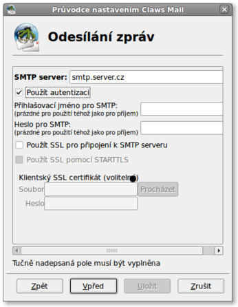 ...i pro poštu odchozí. Všimněte si, že pokud nevyplníte účet pro autentizaci na SMTP serveru, budou použity údaje stejné jako u POP3