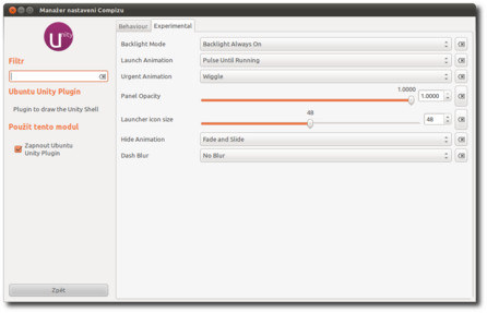 Možnosti nastavení Unity pomocí Manažeru nastavení Compizu