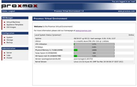 Úvodní obrazovka zobrazená po přihlášení do Proxmoxu přehledně ukazuje základní informace o systému