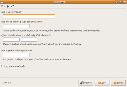 Zadání uživatelských údajů při instalaci distribuce Ubuntu 8.10 Intrepid Ibex