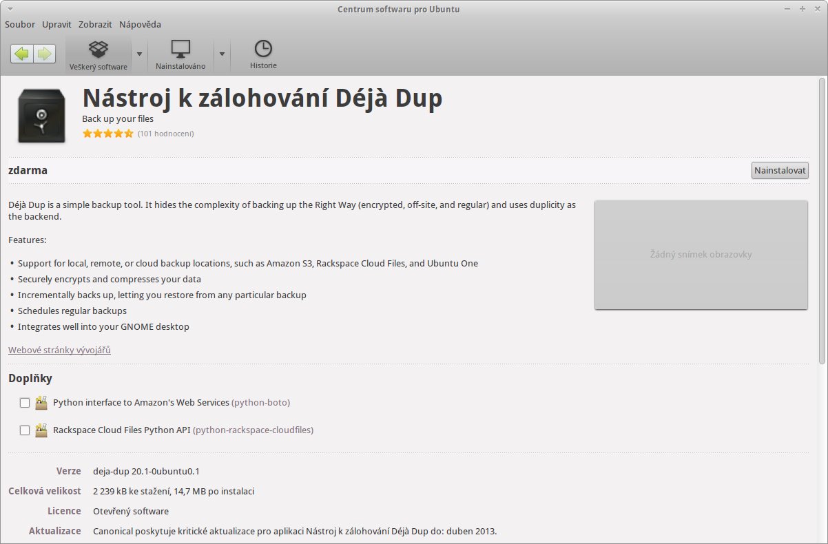Aplikace Dejà Dup v Centru softwaru pro Ubuntu