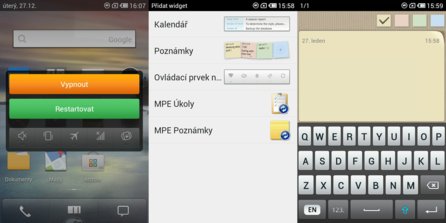 Volby při vypínání. Dostupné widgety. Poznámkovník
