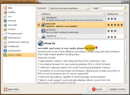 Popis aplikace Amarok ve správci balíků