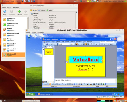 VirtualBox se spuštěným hostovaným systémem Windows XP