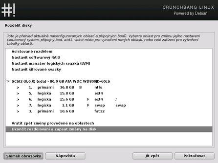 Při dělení disku prostřednictvím instalačního procesu Crunchbang je nutné dbát zvýšené opatrnosti