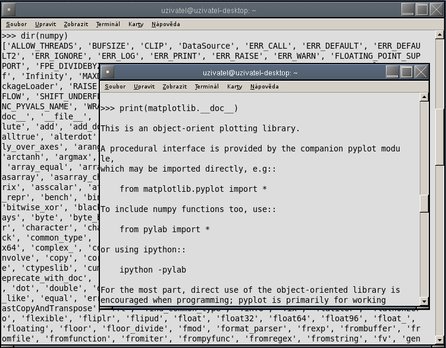 Dokumentační řetězec Matplotlib: matplotlib.__doc__, útroby knihovny NumPy: dir(Numpy)