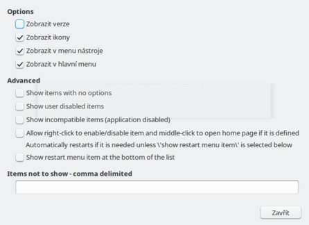 Možnosti nastavení rozšíření Extension Options Menu