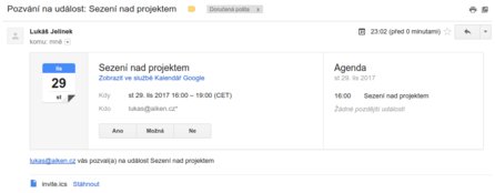 Pozvánka na událost zobrazená ve webovém klientu služby GMail