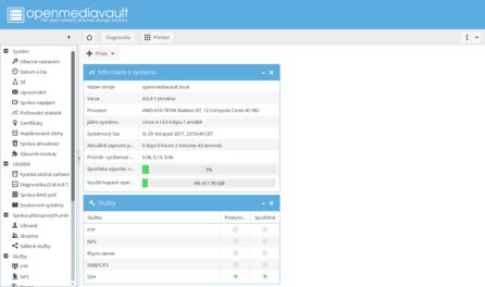 Hlavní stránka webového rozhraní systému OpenMediaVault