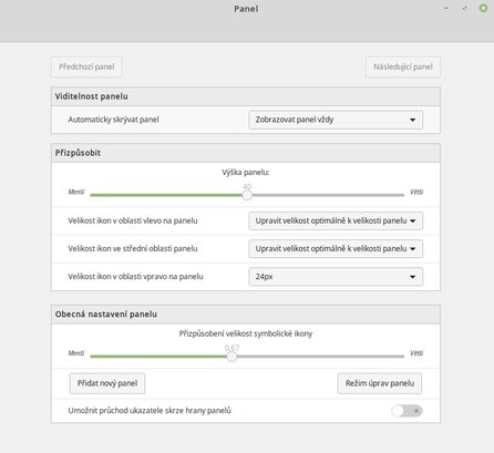 Změněné okno pro nastavení panelu