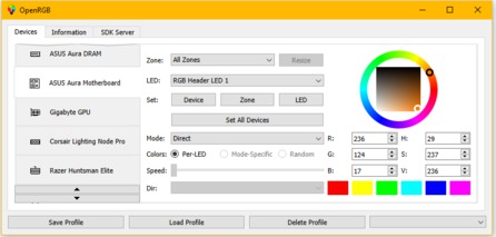 (OpenRGB v0.3, zdroj: OpenRGB Wiki)