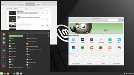 Linux Mint s prostředím Cinnamon a aplikacemi Správa softwaru a Nastavení systému