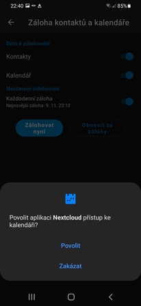 Po zapnutí zálohování kalendáře je vyžadováno povolení přístupu