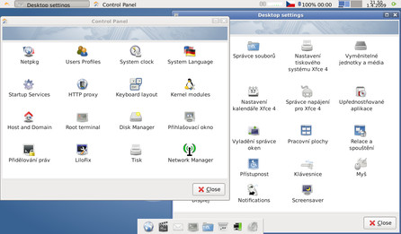 Vlevo nastavení systému, vpravo nastavení prostředí Xfce