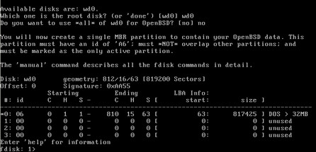 Z uvítacieho okna fdisku pri inštalácii OpenBSD vidieť, že ste v skutočnom Unixe