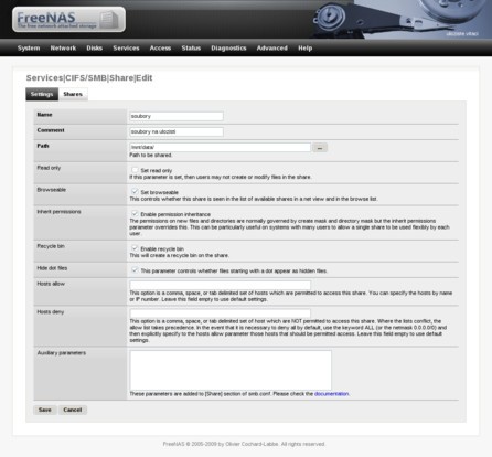 Definování share ve FreeNAS