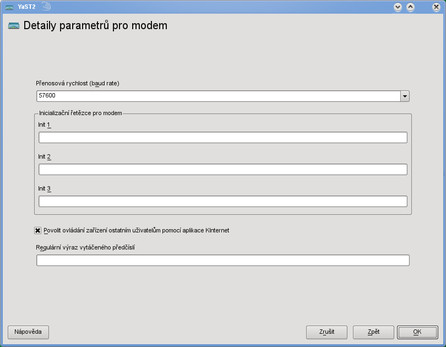 Detaily parametrů pro modem