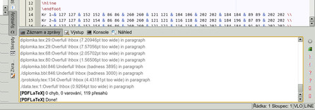 Hlášení chyb LaTeXu a jejich debugování pomocí tlačítek vpravo