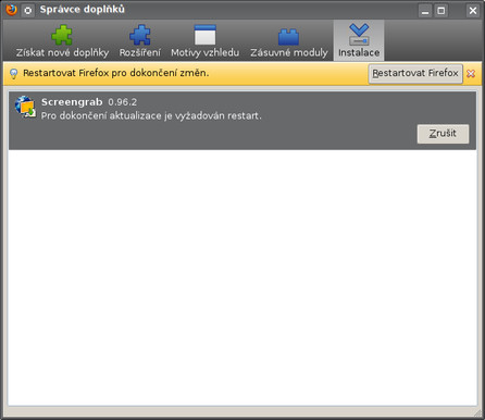 Doplněk Screengrab byl nainstalován, čeká se na restart Firefoxu