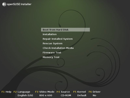 Uvítací obrazovka po startu DVD openSUSE 11.2