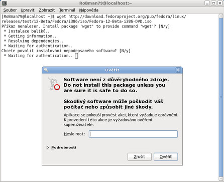 Nemáte wget? Nevadí, Fedora ho sama nabídne k instalaci