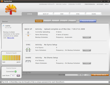 SpiderOak: Přehledné info o zálohování a synchronizaci
