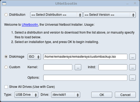 Pre vytvorenie USB kľúča z custombackup.iso nevyberajte distribúcie, ale ISO súbor, ktorý ste práve vytvorili pomocou Remastersys (custombackup.iso).