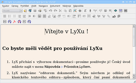 Program LyX ihned po spuštění