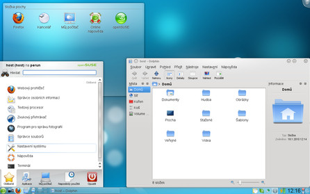 Vzhled současného KDE 4.3: Vlevo je hlavní nabídka, vpravo správce souborů Dolphin