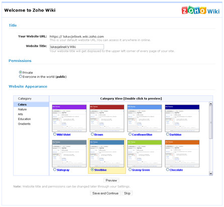 Zoho Wiki - úvodní obrazovka, výběr vzhledu