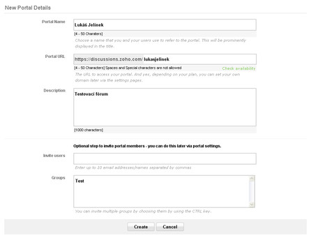 Zoho Forums - vytvoření nového portálu