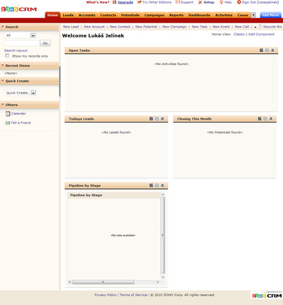 Zoho CRM - úvodní stránka