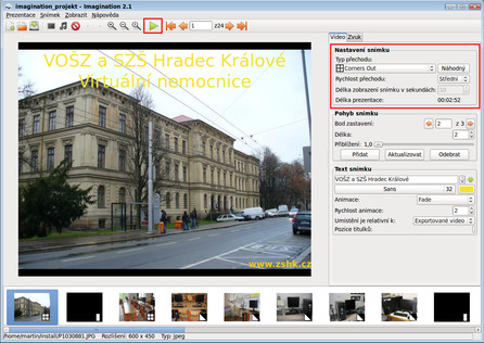 Imagination – Vyznačené tlačítko pro spuštění prezentace a blok Nastavení snímku