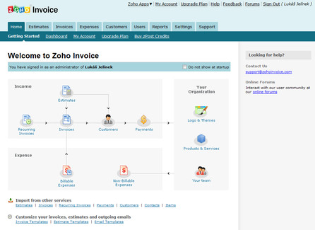 Zoho Invoice - úvodní stránka