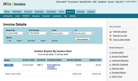 Zoho Invoice - přehled faktur