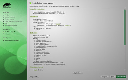 Souhrn instalace před samotnou instalací