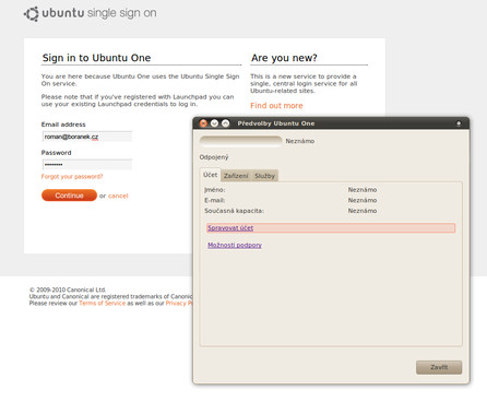 Propojení počítače a Ubuntu One účtu