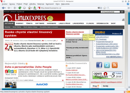Úvodní stárnka LinuxEXPRESu vykreslená pomocí KHTML