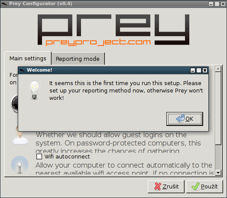 První spuštění konfiguračního programu na Linuxu
