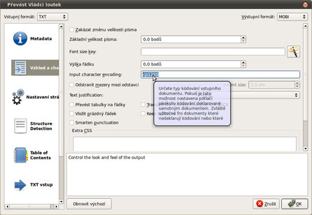 Nastavení kódové stránky vstupního souboru v Calibre