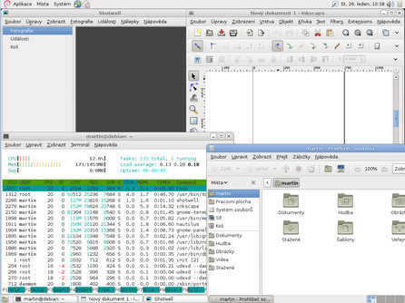 GNOME plné okének – všimněte si standardní sady ikonek, zatížení systému, i ve výchozí instalaci nainstalovaného programu Inkscape