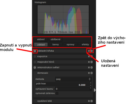 Pravý panel – červeně jsou orámovány karty, zapínací/vypínací tlačítko modulu, uložená nastavení a návrat modulu do výchozích ho