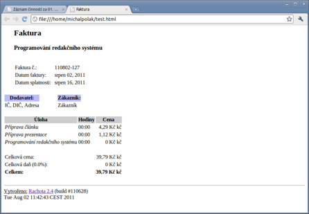 Faktura vytvořená v Rachotě ve formátu HTML