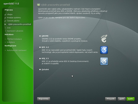 Výběr grafického prostředí při instalaci OpenSuSE 11 z DVD