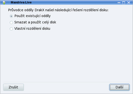 Možnosti rozdělení disku při instalaci distribuce Mandriva Linux 2009