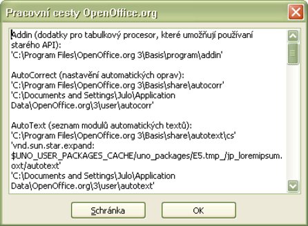 Okno so zobrazenými pracovnými cestami OpenOffice.org